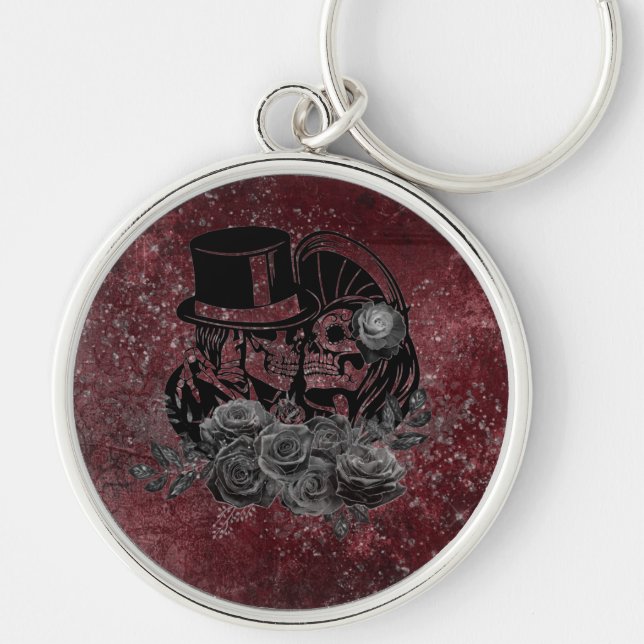 Gothic Kissing Skulls Couple And Blood Red Eternal Keychain (Front)