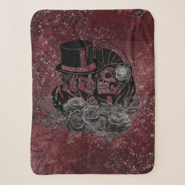 Gothic Kissing Skulls Couple And Blood Red Eternal Sherpa Blanket (Front)