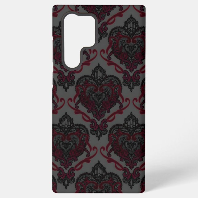 Gothic Lace Heart Damask — Red & Black Phone Case (Back)