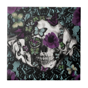 Gothic lace skull in teal and purple tile