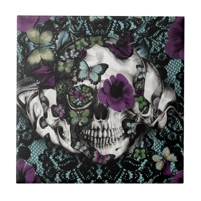 Gothic lace skull in teal and purple tile (Front)