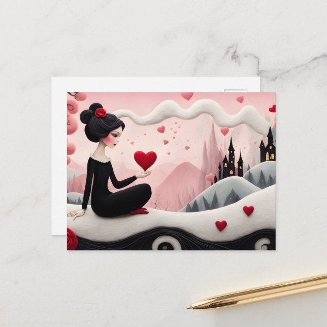 Gothic Lady Hearts Valentine Postcard (Front/Back In Situ)