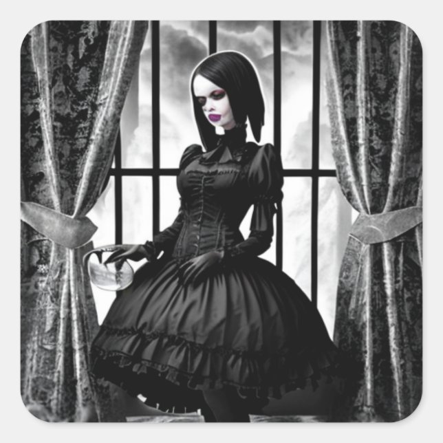 Gothic Lady in Black Dress Spooky Halloween Square Sticker (Front)