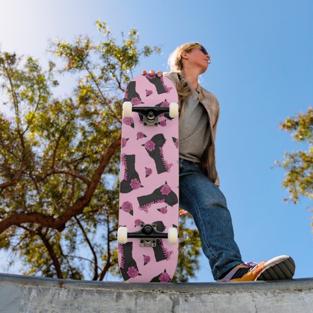 Gothic Lolita Boot Pink Rose Pattern Skateboard (Outdoor 1)