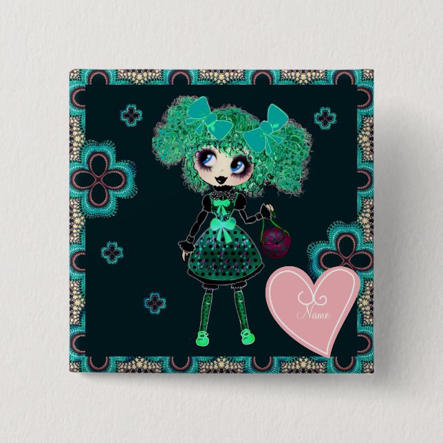 Gothic Lolita child emerald and black 2 Inch Square Button (Front)