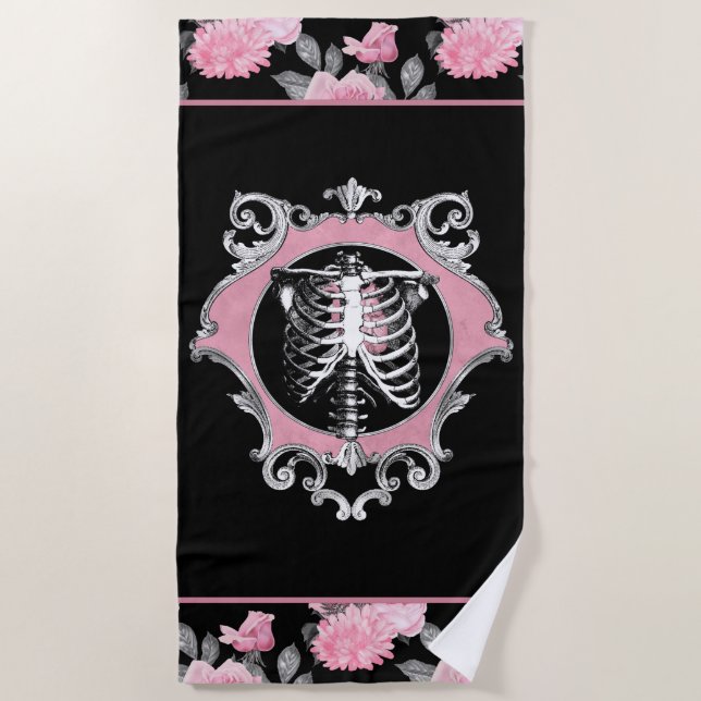 Gothic Love | Pink and Black Skeleton Heart Floral Beach Towel (Front)