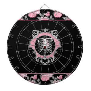 Gothic Love   Pink and Black Skeleton Heart Floral Dartboard