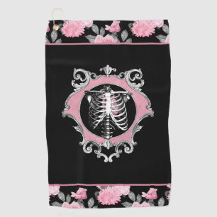 Gothic Love Pink and Black Skeleton Heart Floral Golf Towel