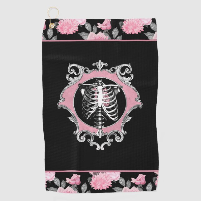 Gothic Love | Pink and Black Skeleton Heart Floral Golf Towel (Front)