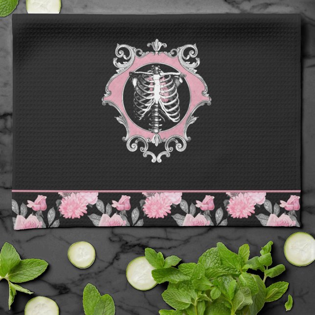 Gothic Love | Pink and Black Skeleton Heart Floral Kitchen Towel (Creator Uploaded)