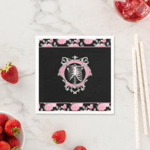 Gothic Love Pink and Black Skeleton Heart Floral Napkin