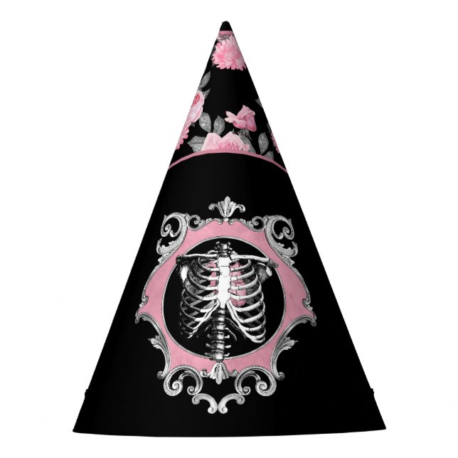 Gothic Love | Pink and Black Skeleton Heart Floral Party Hat (Front)