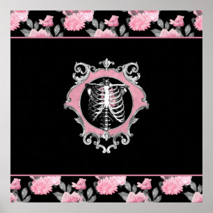 Gothic Love   Pink and Black Skeleton Heart Floral Poster