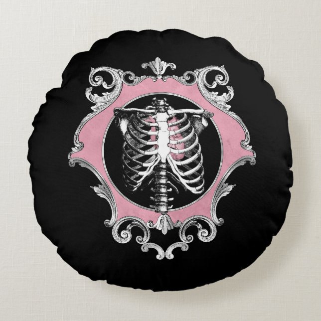 Gothic Love | Pink and Black Skeleton Heart Floral Round Pillow (Front)