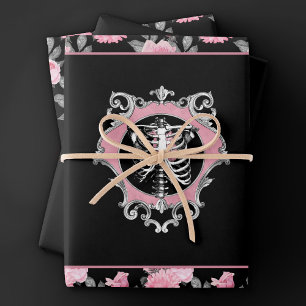 Gothic Love   Pink and Black Skeleton Heart Floral Wrapping Paper Sheet