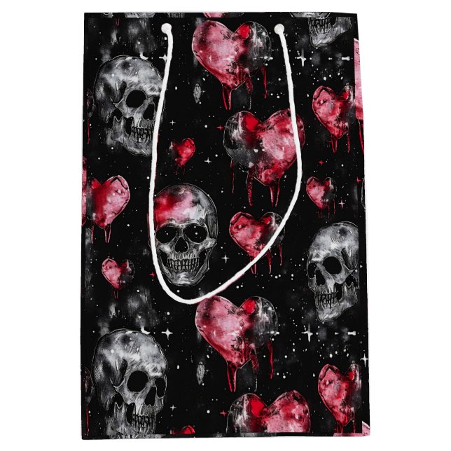 Gothic Love Skulls and Red Hearts Medium Gift Bag (Front)