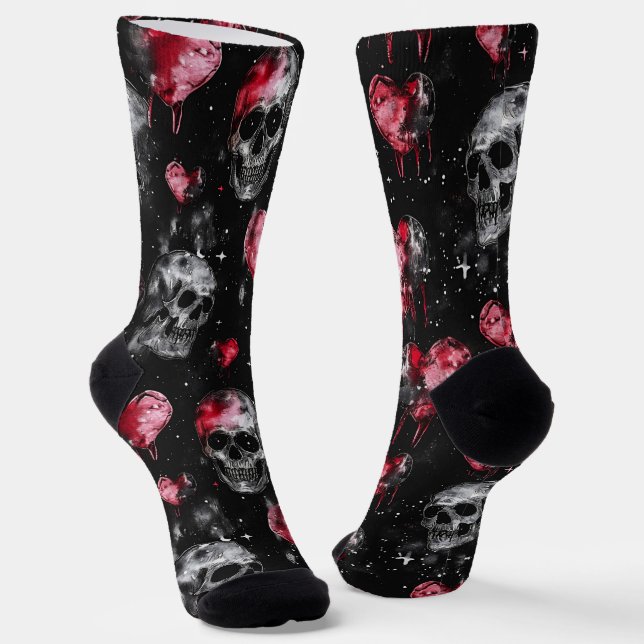 Gothic Love Skulls and Red Hearts Socks (Angled)