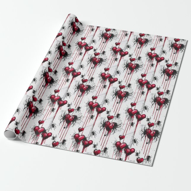 Gothic Love Spooky Spider Web with Hearts Wrapping Paper (Unrolled)