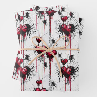 Gothic Love Spooky Spider Web with Hearts Wrapping Paper Sheet