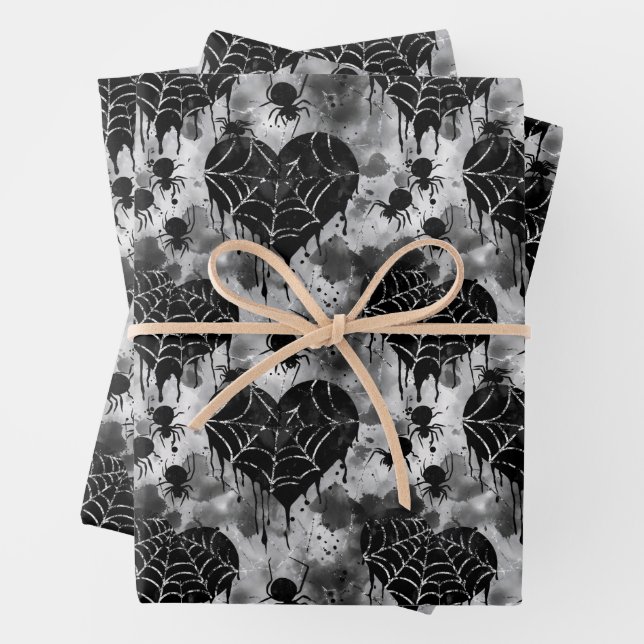 Gothic Love Spooky Spider Web with Hearts Wrapping Paper Sheet (In situ)