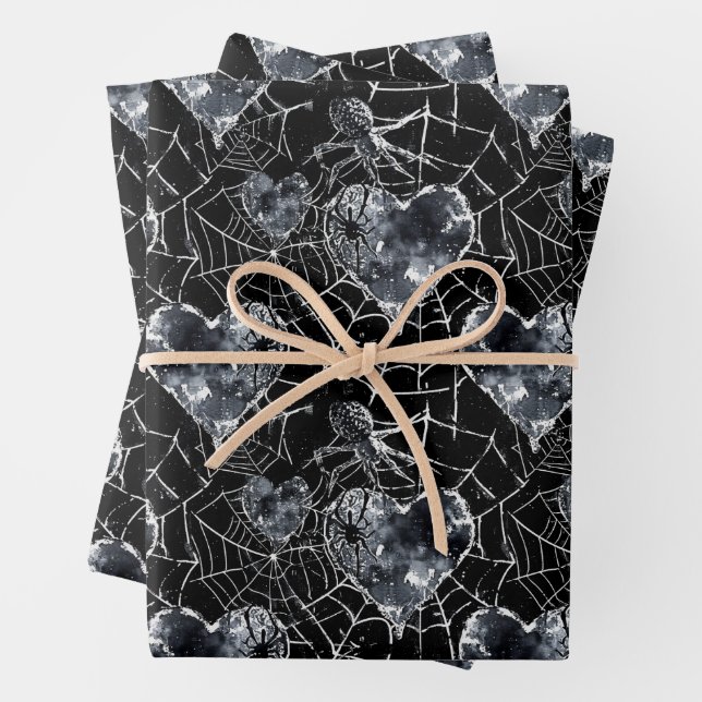 Gothic Love Spooky Spider Web with Hearts Wrapping Paper Sheet (In situ)