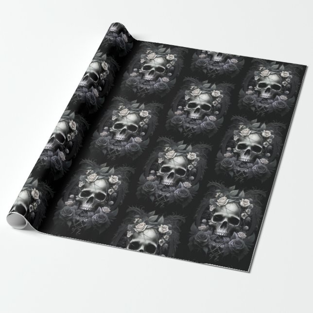 Gothic Macabre Skull and Roses Mural Wrapping Paper (Unrolled)