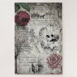 Gothic Macabre Victorian Skull & Death Ephemera Jigsaw Puzzle<br><div class="desc">Spooky classic Gothic Victorian symbols of death featuring dark red roses,  vintage funerary advertising art,  engraved skull and skeleton,  ornate scrolls,  barren tree,  illuminated Latin script and page of creepy Victorian haunted house tales on grungy distressed sepia background.</div>