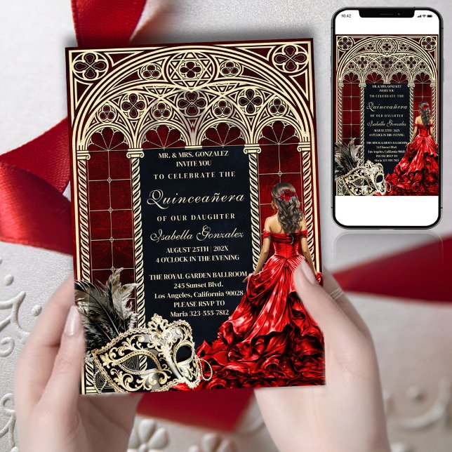 Gothic Masquerade Quinceañera Red Gold Invitation (Creator Uploaded)