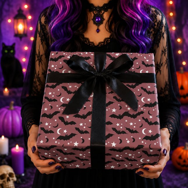 Gothic Mauve Pink Bats Stars Moon Pattern Wrapping Paper (Creator Uploaded)