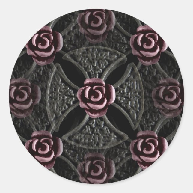 Gothic medieval iron cross with rose classic round sticker (Front)