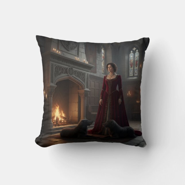 Gothic Medieval Maiden In Castle with Dogs Throw Pillow (Front)
