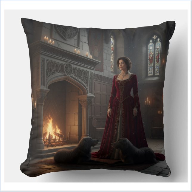Gothic Medieval Maiden In Castle with Dogs Throw Pillow (Creator Uploaded)