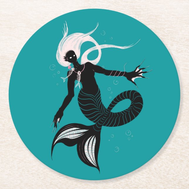 Gothic Mermaid Dark Fantasy Sea Creature Round Paper Coaster (Front)