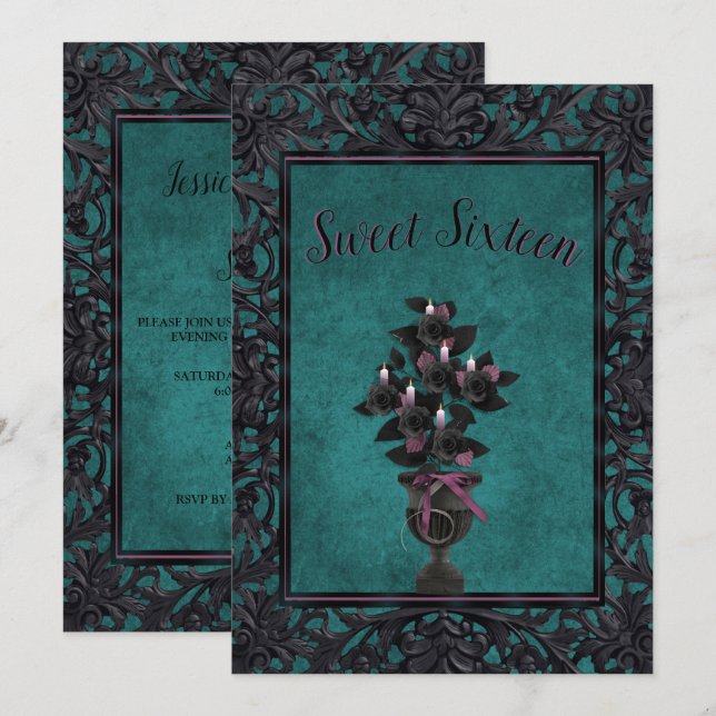 Gothic Metal Frame Black Rose & Candles Sweet 16 Invitation (Front/Back)