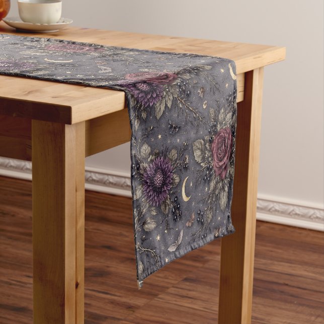 Gothic Midnight Floral Moon Celestial Illustration Short Table Runner (In Situ)