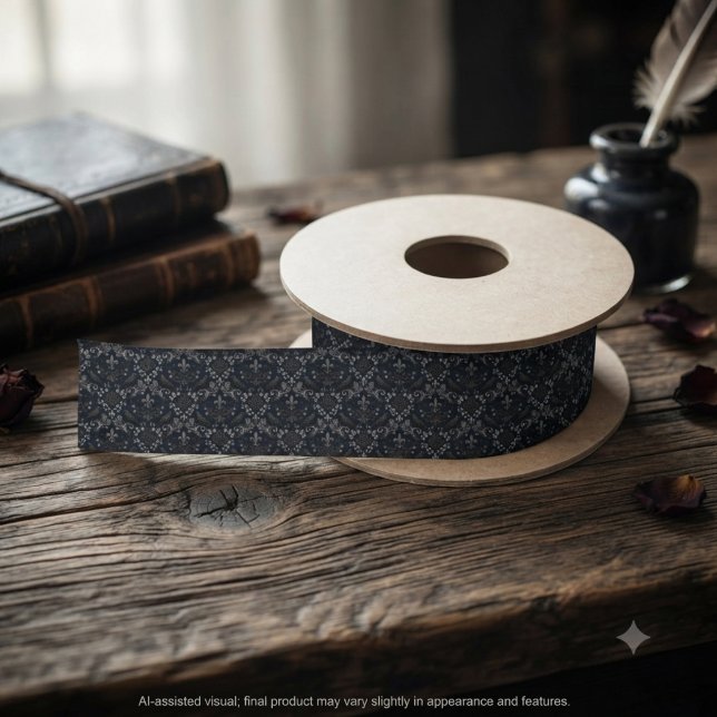 Gothic Midnight Victorian Raven Satin Ribbon (Midnight raven ribbon for gothic wedding wrapping and alternative celebration decor.)