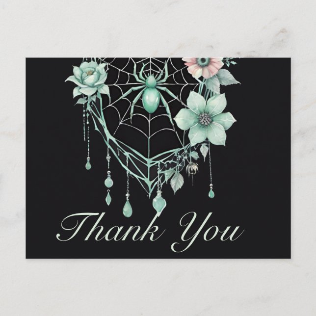 Gothic Mint Green Floral Spiderweb Thank You Postcard (Front)