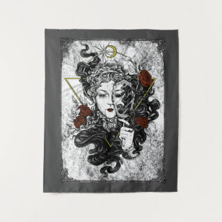Gothic Mirror Girl Roses Tapestry