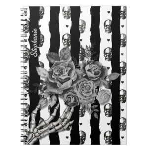 Gothic Monochromatic Striped Skulls And Roses Notebook