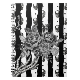 Gothic Monochromatic Striped Skulls And Roses Notebook