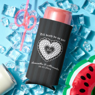 Gothic Monogram Black Lace Heart Wedding Favours Seltzer Can Cooler