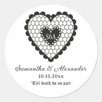 Gothic Monogram Black Lace Heart Wedding Reception Classic Round Sticker