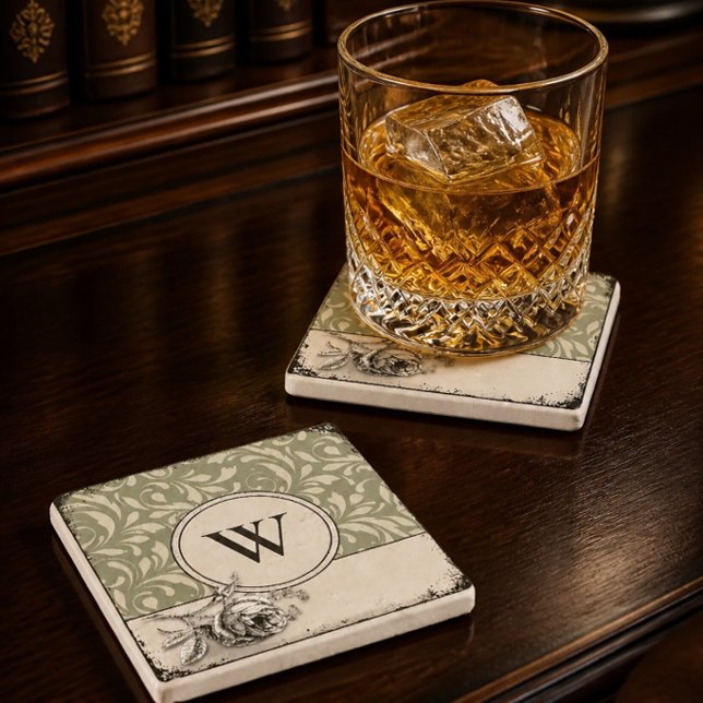 Gothic Monogram Sage Green Damask Rose Stone Coaster (Creator Uploaded)