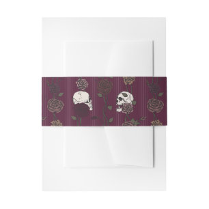 Gothic Monogram Skull & Rose Burgundy Wedding Invitation Belly Band