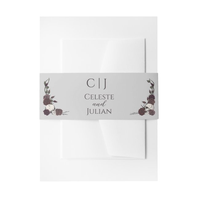 Gothic Monogram Skull & Roses Gray Wedding Invitation Belly Band (Front Example)