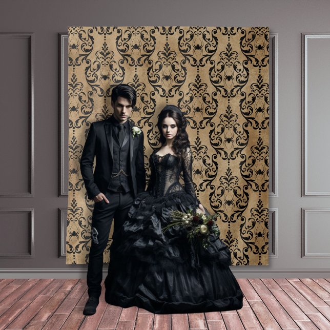 Gothic Moody Damask Tan & Black Spider Tapestry  (Creator Uploaded)