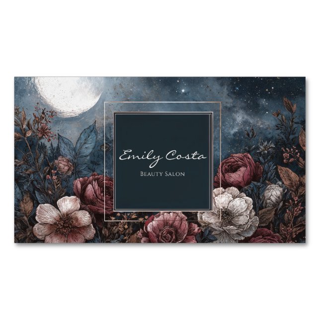 Gothic Moody Floral Red Cream Peony Gold Frame Magnetic Business Card (Front)