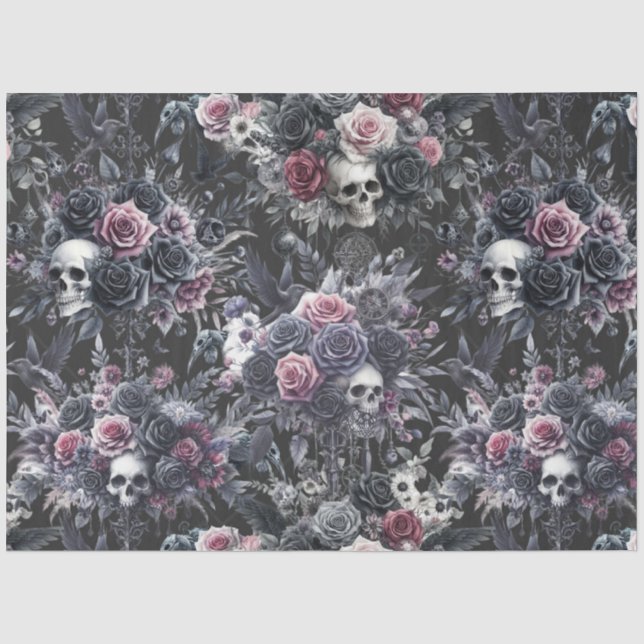 Gothic Moody Flowers Skulls and Crows Tissue Paper (Front)