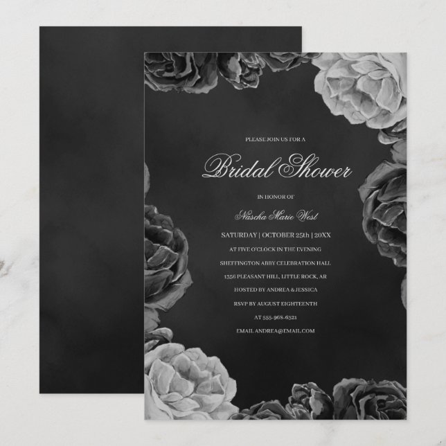 Gothic Moody Monochrome Grey Floral Bridal Shower Invitation (Front/Back)