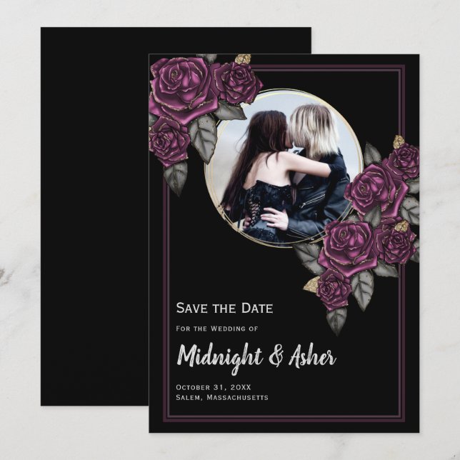 Gothic Moody Roses Circle Photo Save the Date Card (Front/Back)